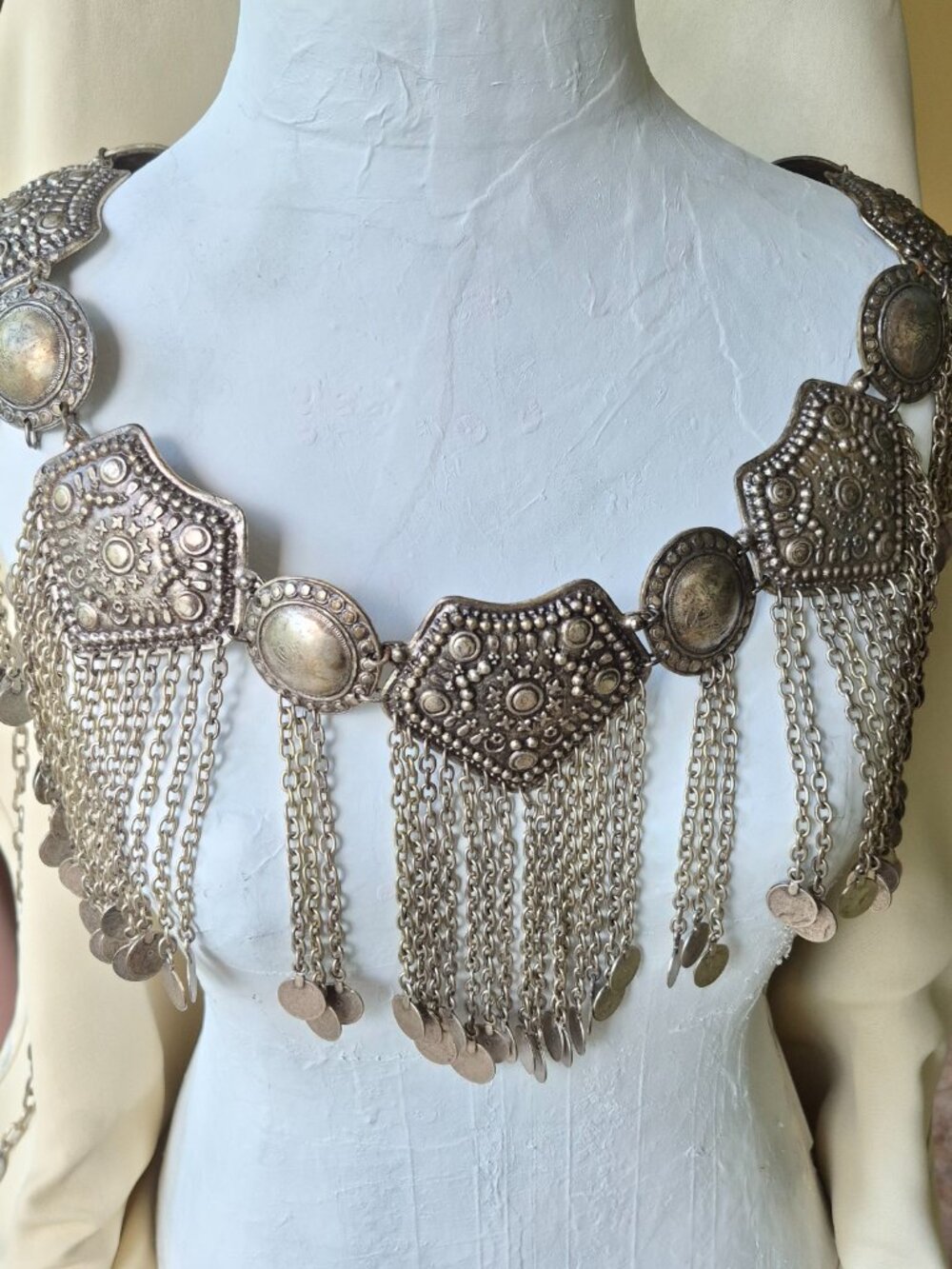 Vintage Tribal Belly Dance Multi-Layer Coin Belt HEAVY Silver Tone Panels 53"